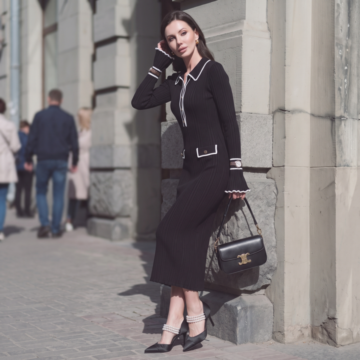Woman wearing elegant ribbed maxi dress with timeless luxury