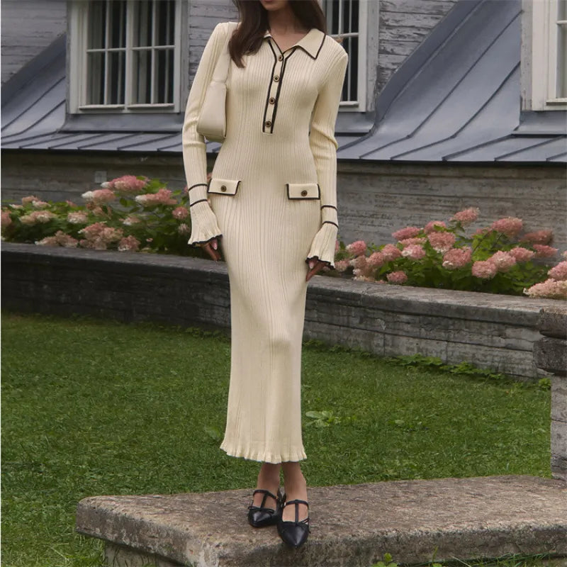 Woman wearing elegant ribbed maxi dress with timeless luxury