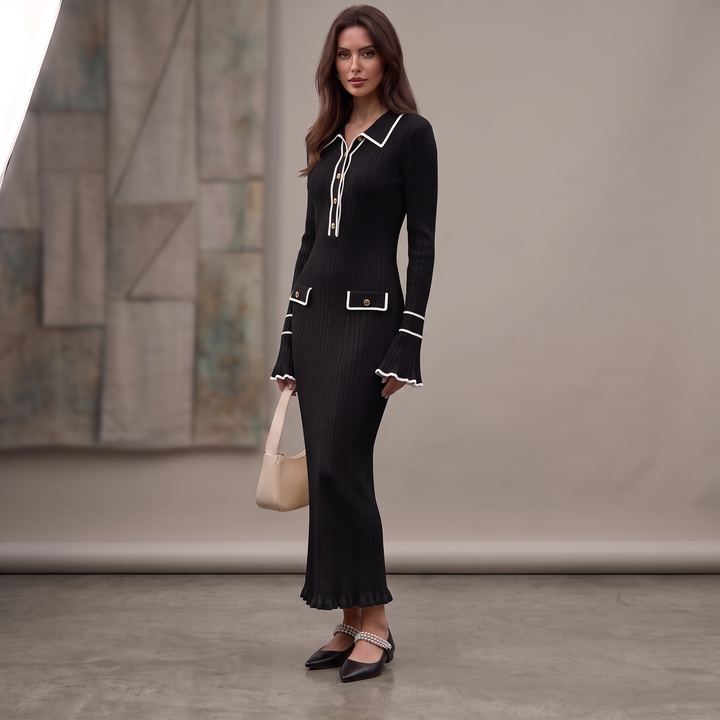 Woman wearing elegant ribbed maxi dress with timeless luxury