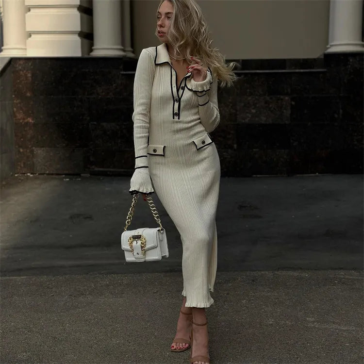 Woman wearing elegant ribbed maxi dress with timeless luxury