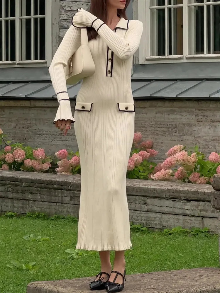 Woman wearing elegant ribbed maxi dress with timeless luxury