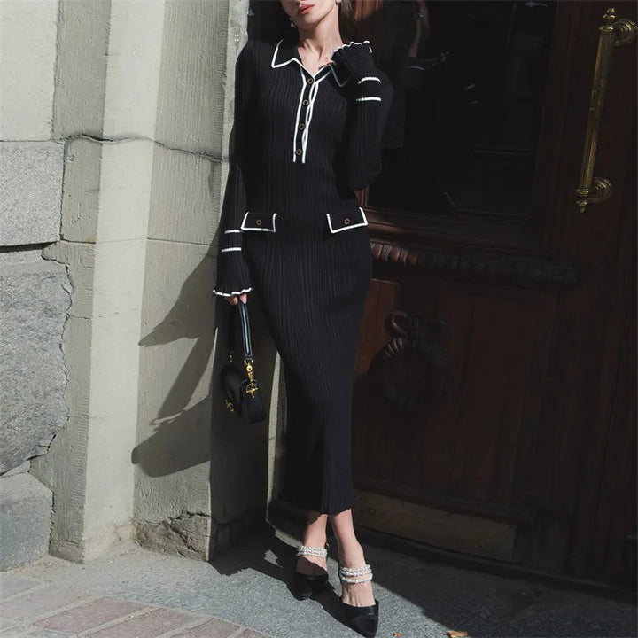 Woman wearing elegant ribbed maxi dress with timeless luxury