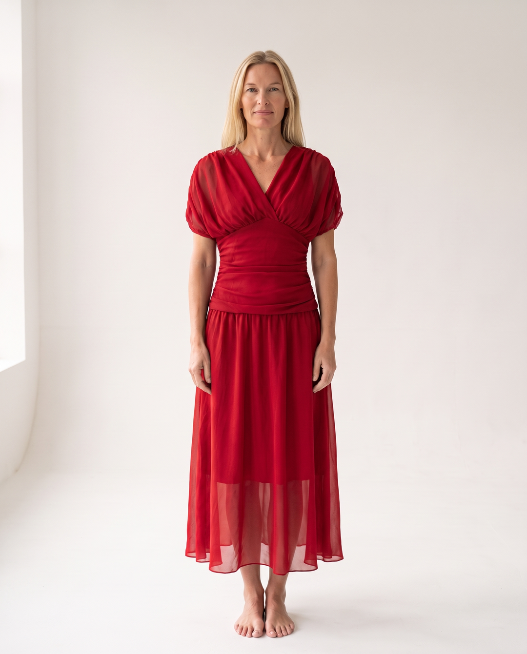 Woman wearing off shoulder maxi dress