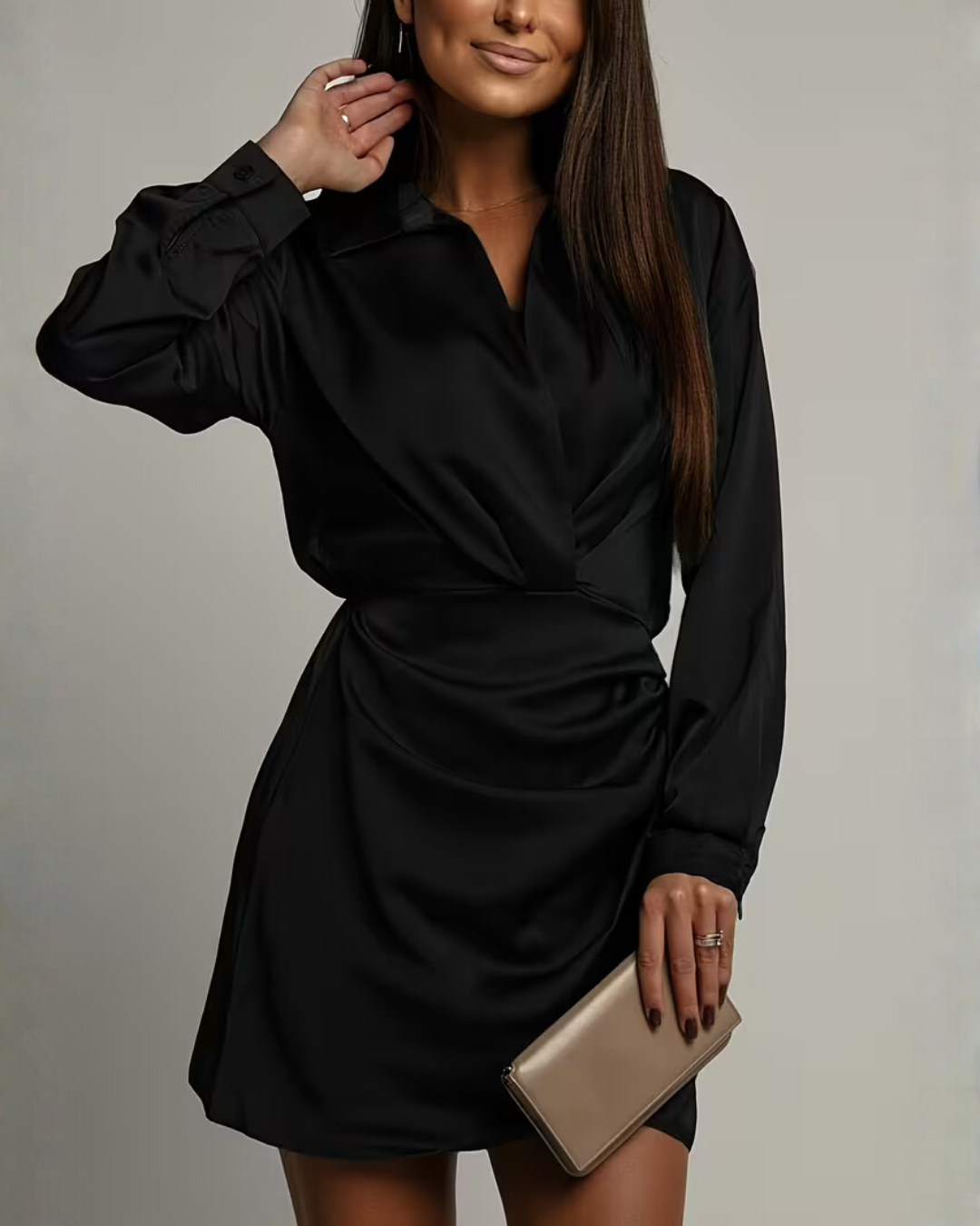 Woman wearing satin wrap mini dress
