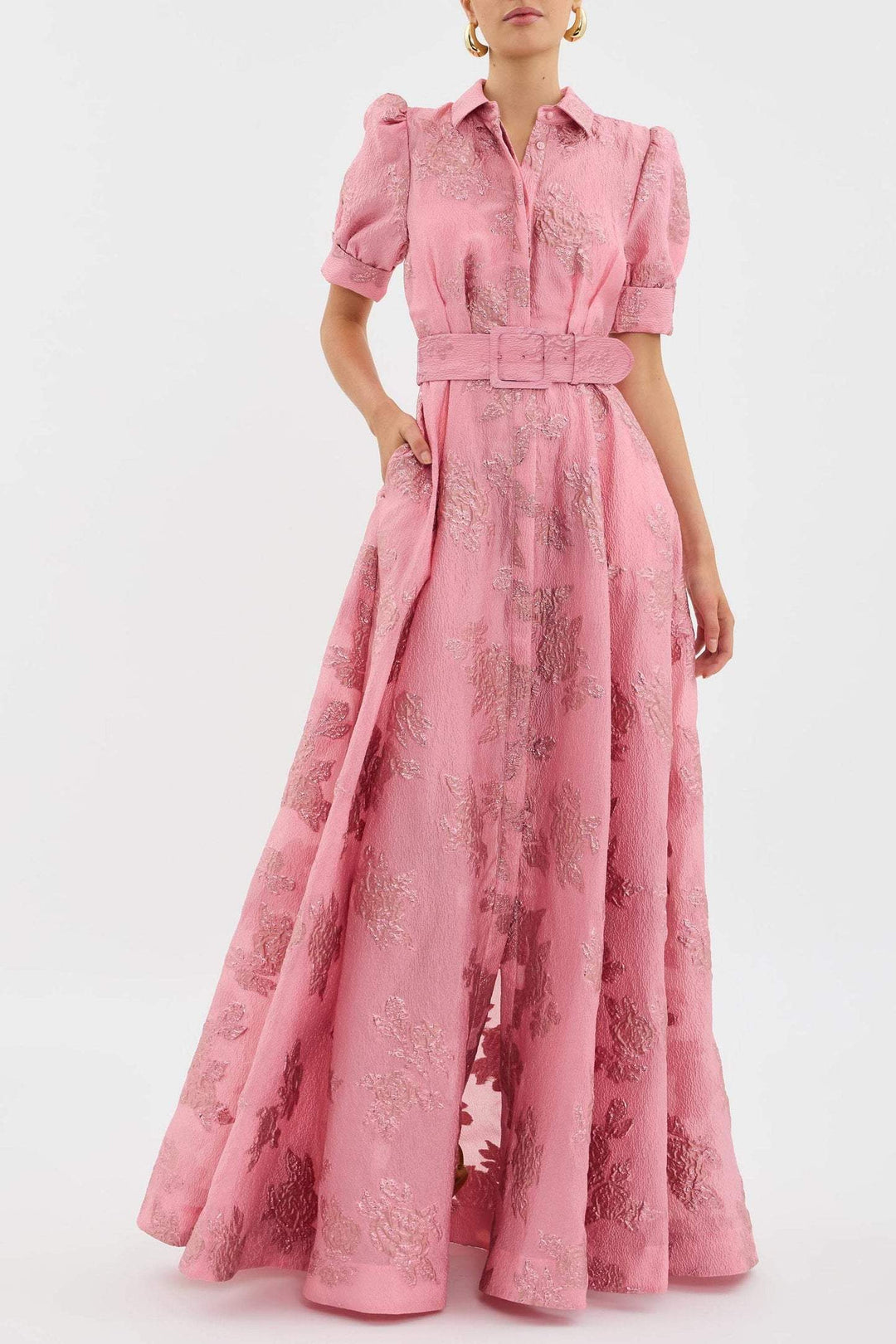 Elodie Castellane | Floral Jacquard Belted Shirt Maxi Dress - Image 1