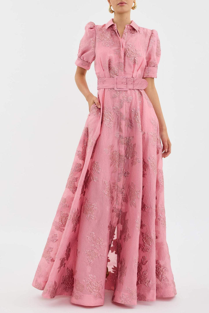 Elodie Castellane | Floral Jacquard Belted Shirt Maxi Dress - Image 1