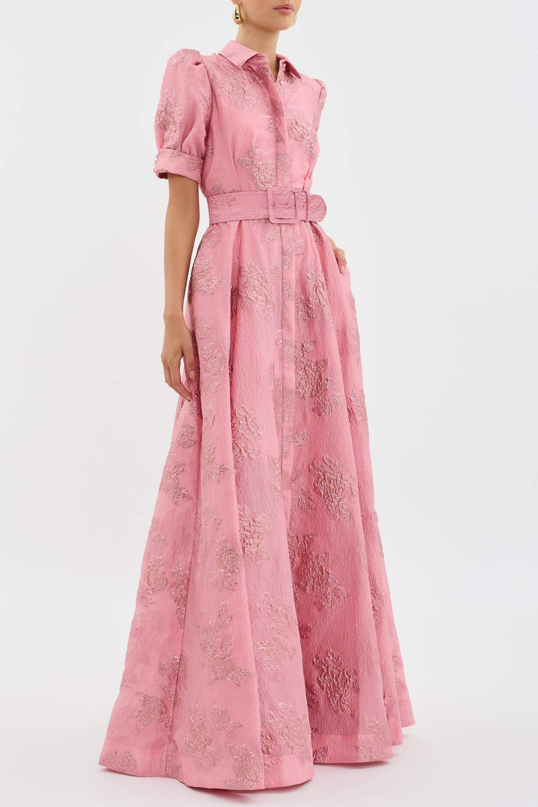 Elodie Castellane | Floral Jacquard Belted Shirt Maxi Dress - Image 3