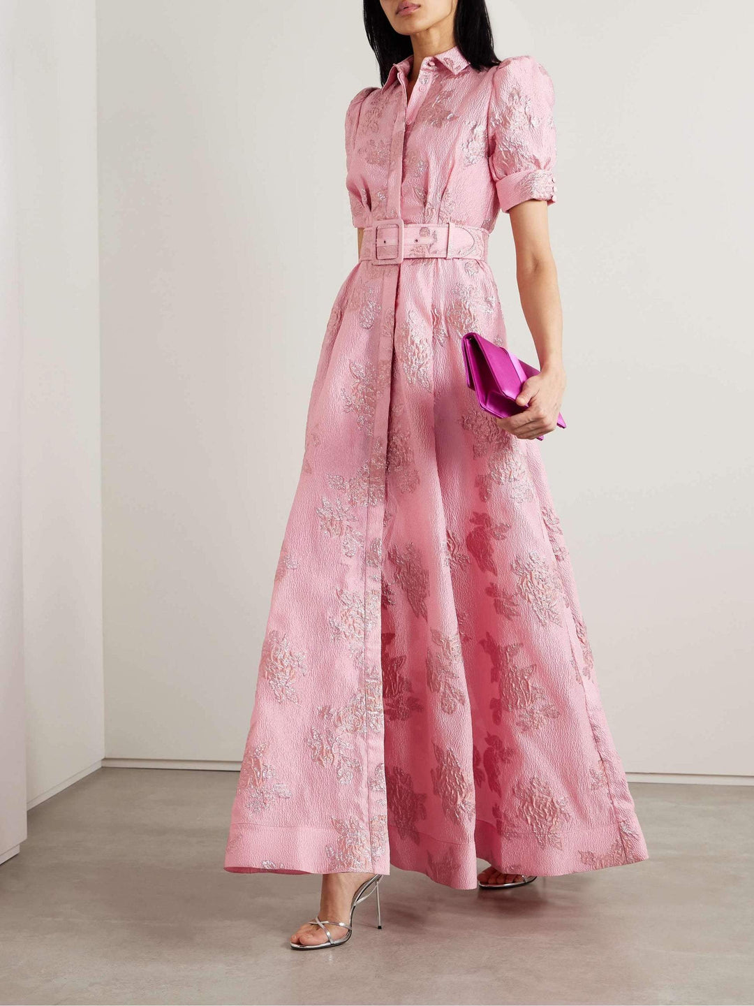 Elodie Castellane | Floral Jacquard Belted Shirt Maxi Dress - Image 5