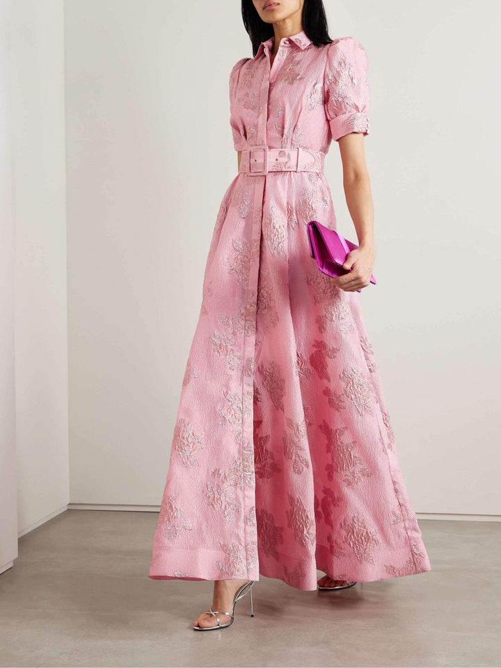 Elodie Castellane | Floral Jacquard Belted Shirt Maxi Dress - Image 5