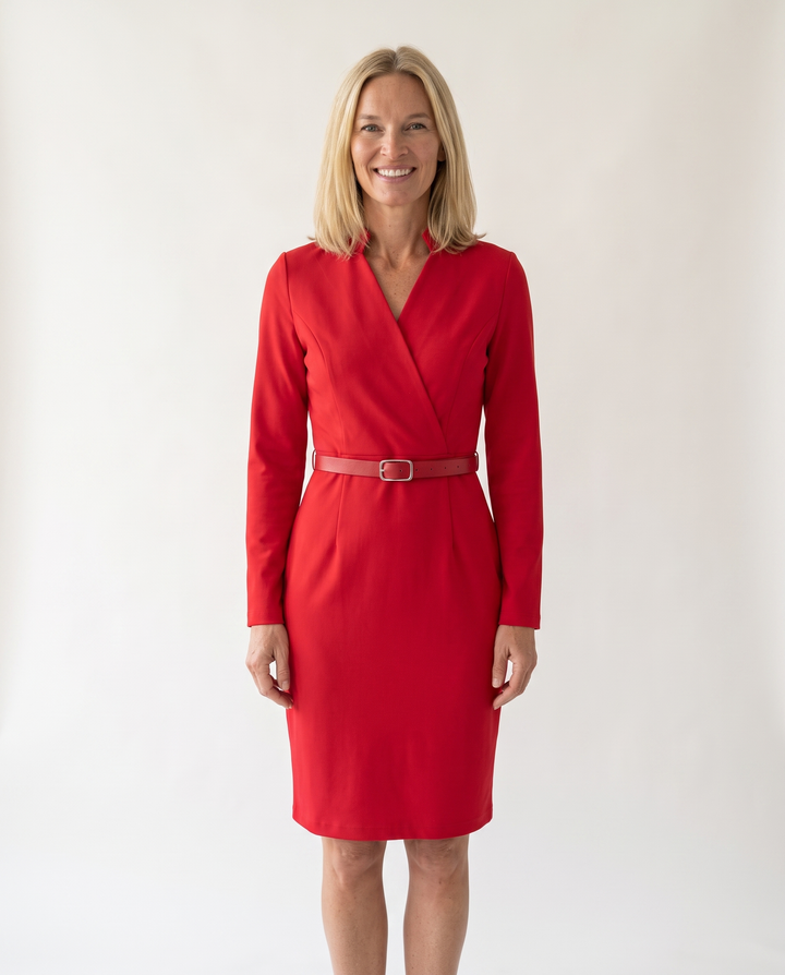 Woman wearing elegant belted midi dress