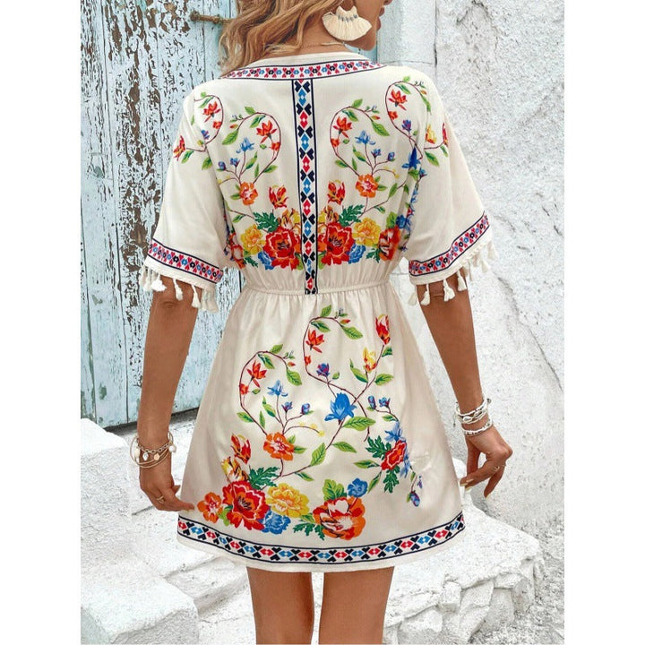 Woman wearing boho floral mini dress