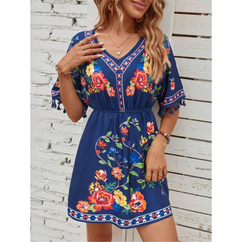 Woman wearing boho floral mini dress