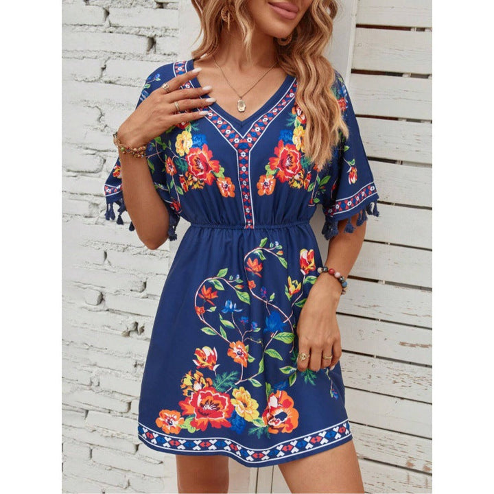 Woman wearing boho floral mini dress