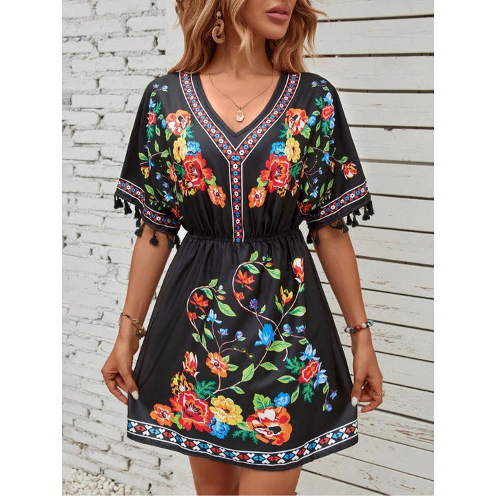 Woman wearing boho floral mini dress