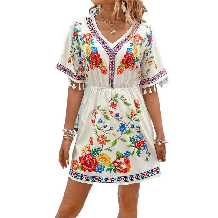 Woman wearing boho floral mini dress