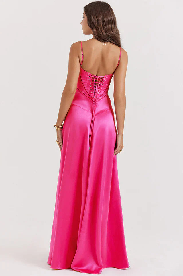 Woman wearing elegant satin maxi dress