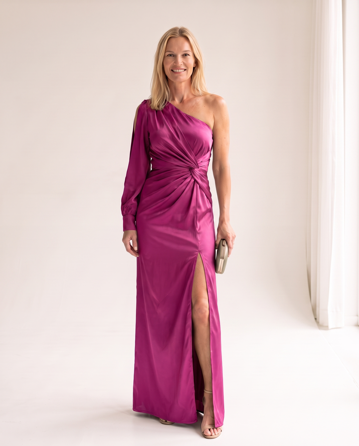 Woman wearing one shoulder satin evening dress