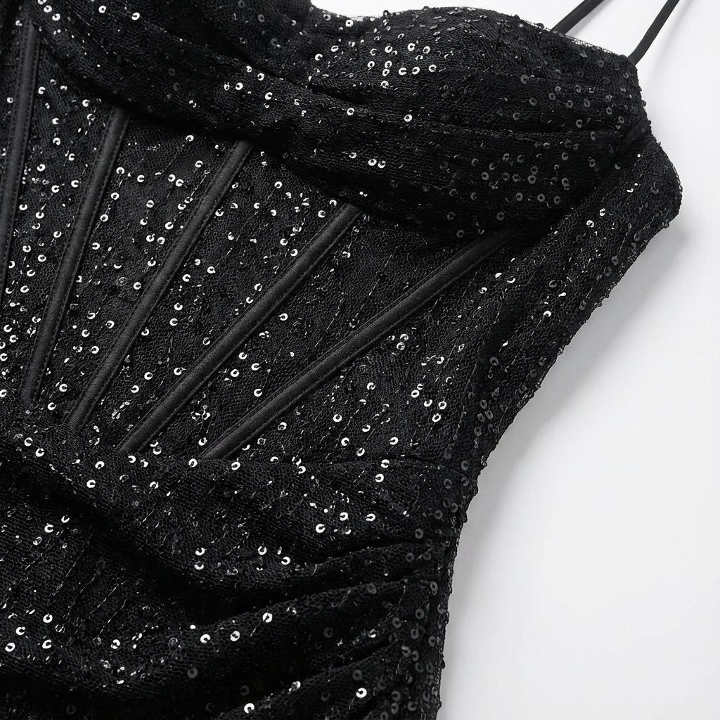 Eulalie Vaubois sequin maxi dress with a draped sweetheart neckline, fine straps and a high side slit