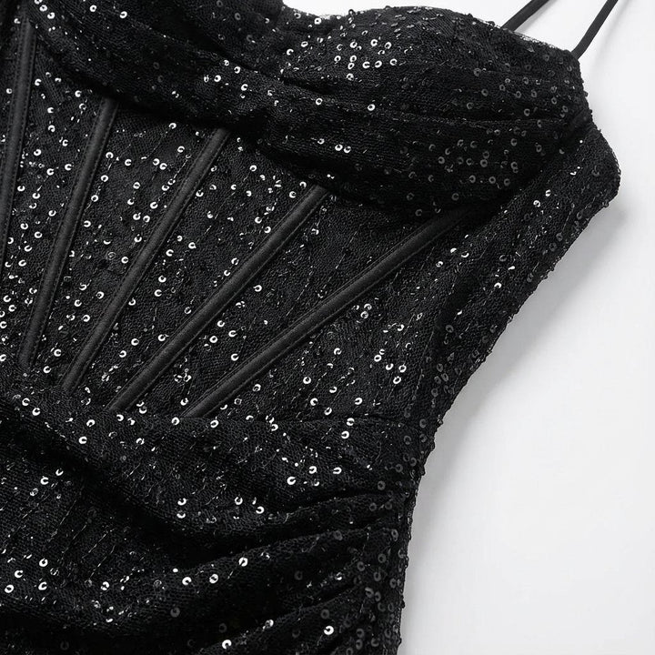 Eulalie Vaubois sequin maxi dress with a draped sweetheart neckline, fine straps and a high side slit