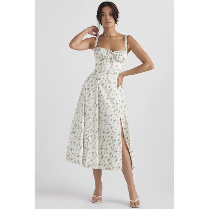 Woman wearing floral corset midi dress