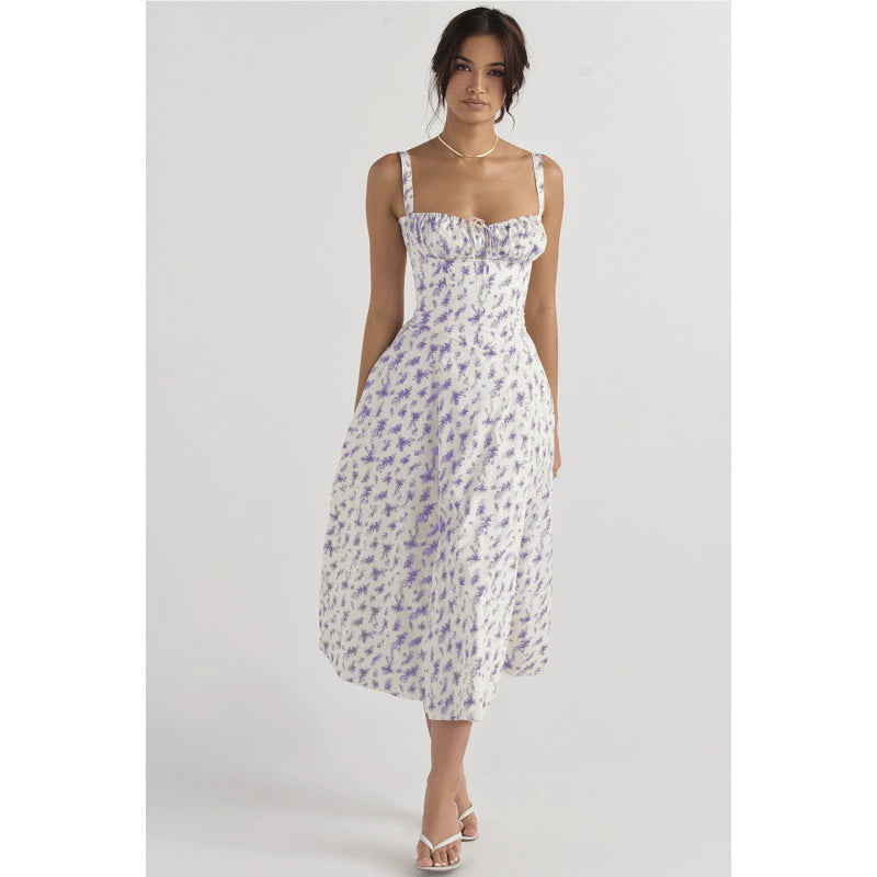 Woman wearing floral corset midi dress