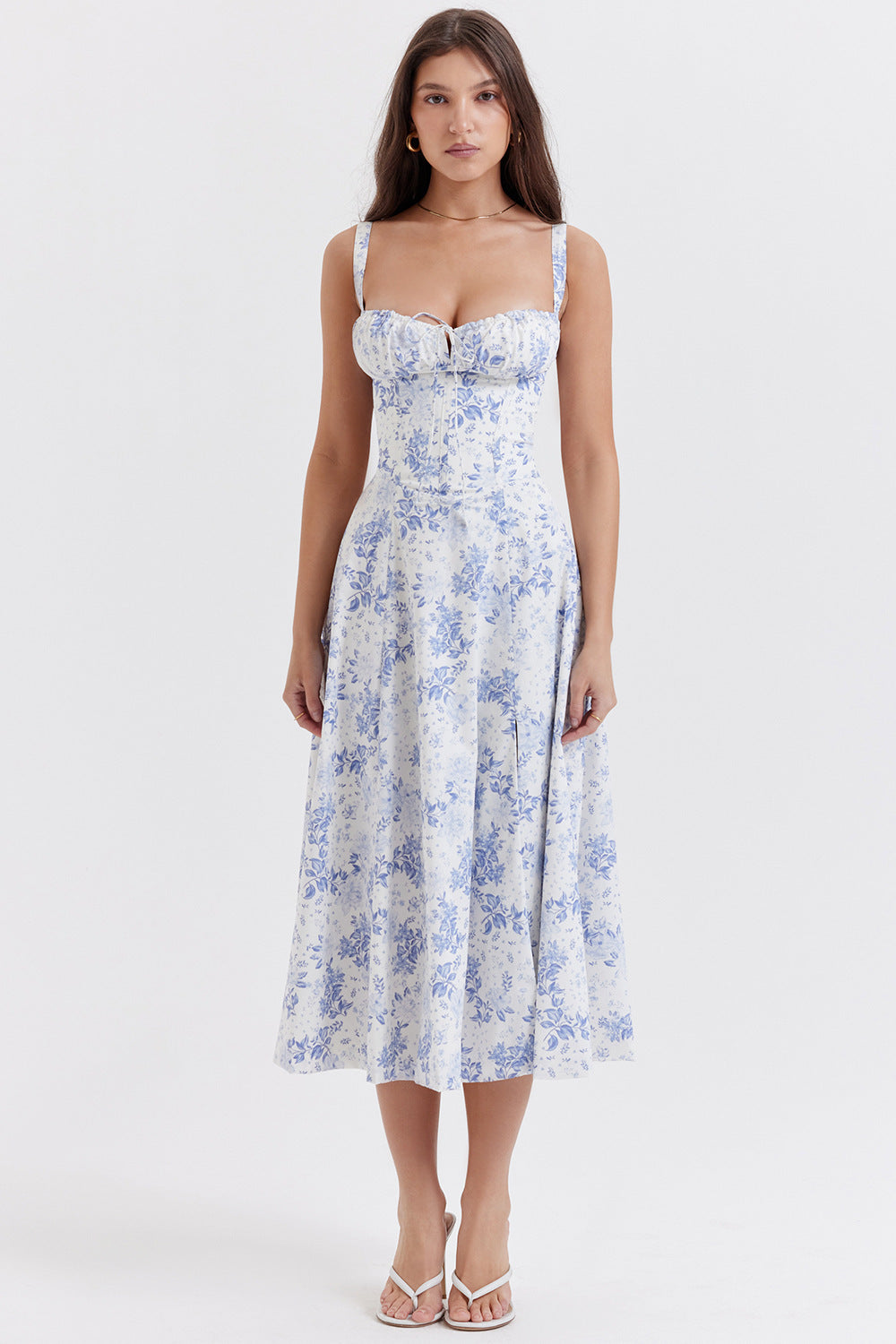 Woman wearing floral corset midi dress