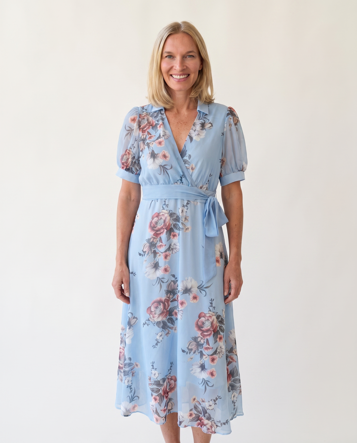Woman wearing floral maxi wrap dress