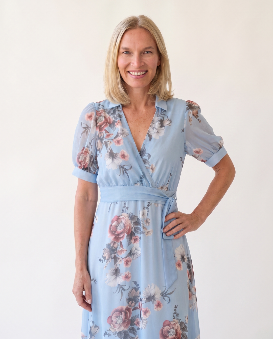 Woman wearing floral maxi wrap dress
