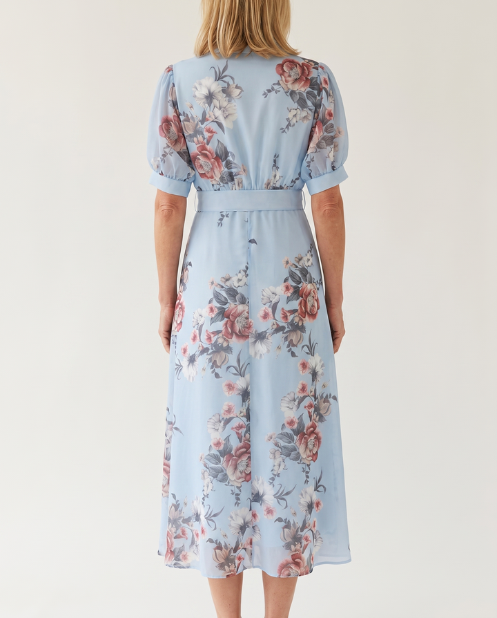Woman wearing floral maxi wrap dress