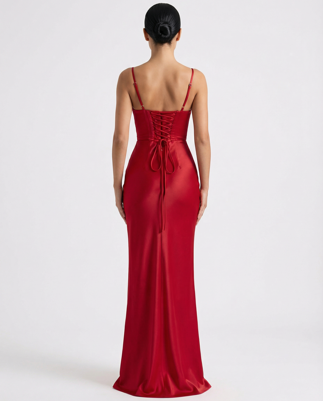 Woman wearing satin corset maxi dress