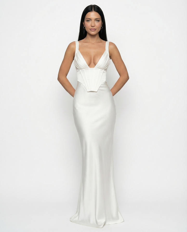 Woman wearing satin corset maxi dress
