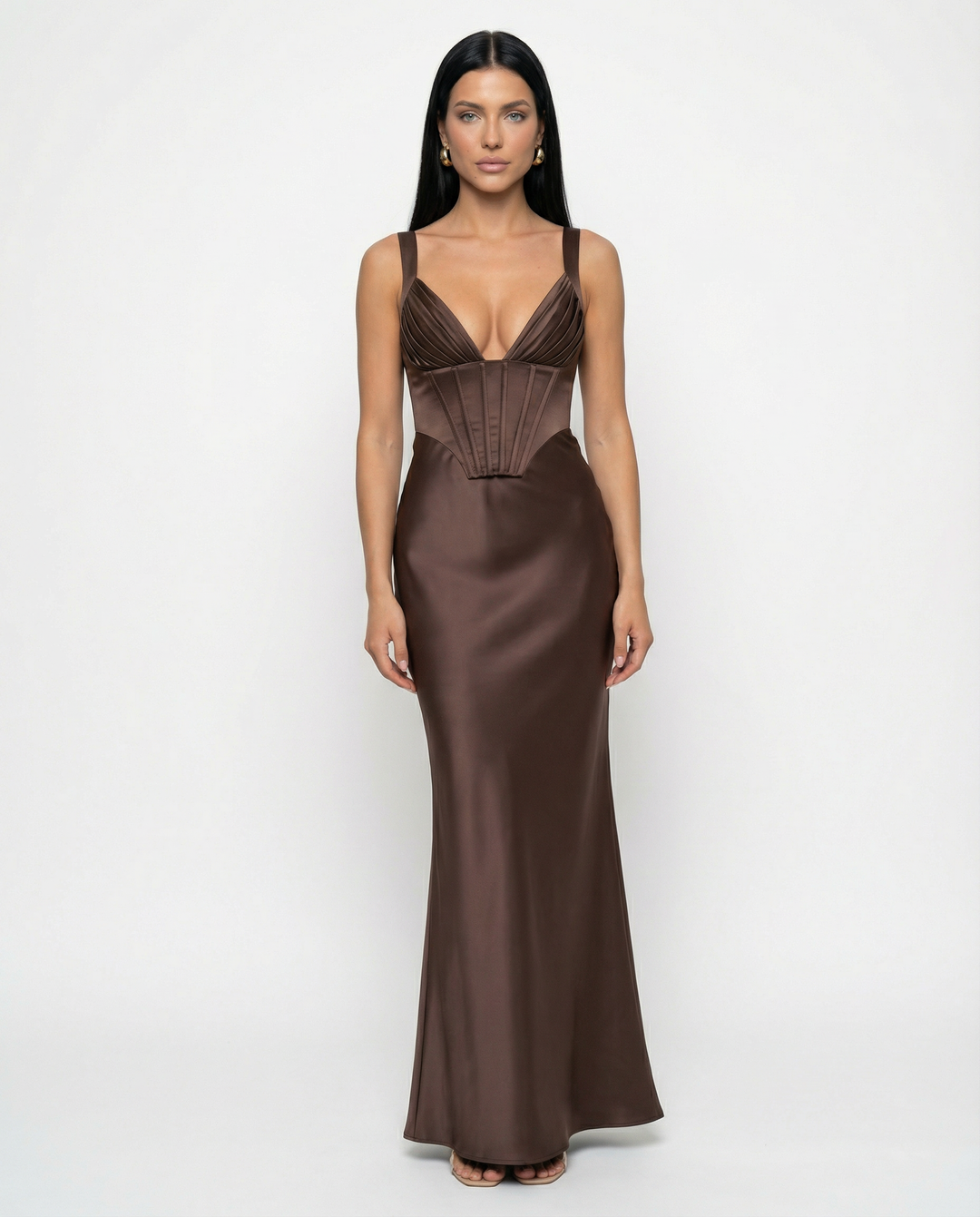Woman wearing satin corset maxi dress