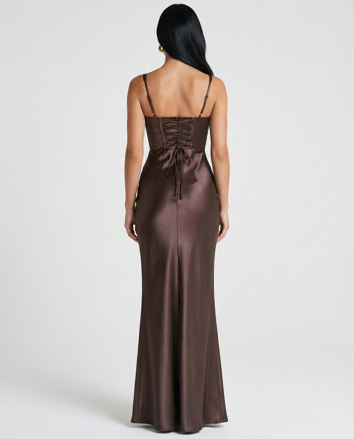 Woman wearing satin corset maxi dress