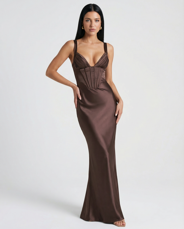 Woman wearing satin corset maxi dress