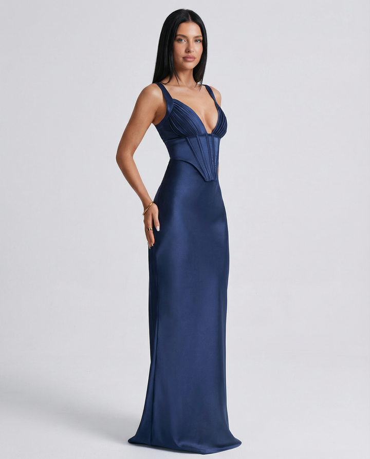 Woman wearing satin corset maxi dress