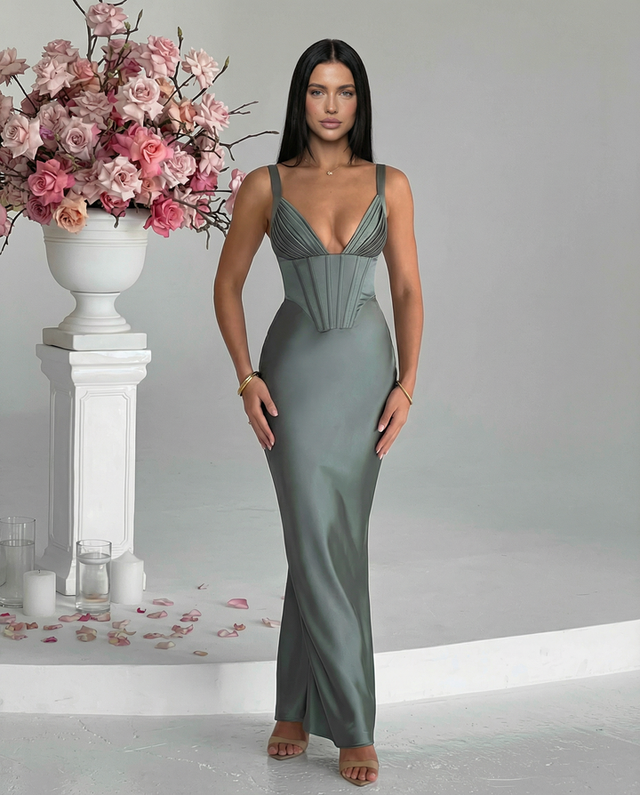Woman wearing satin corset maxi dress
