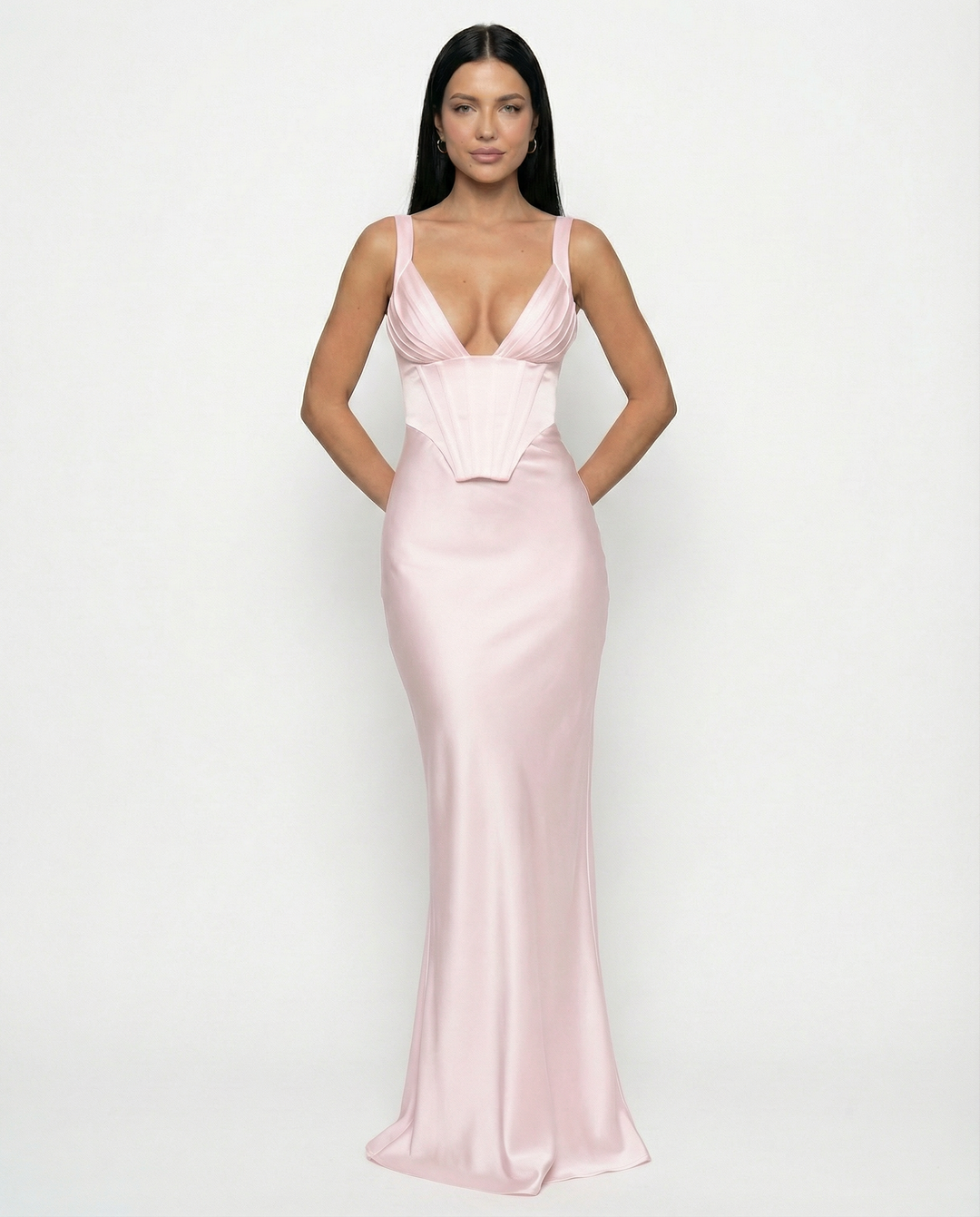 Woman wearing satin corset maxi dress