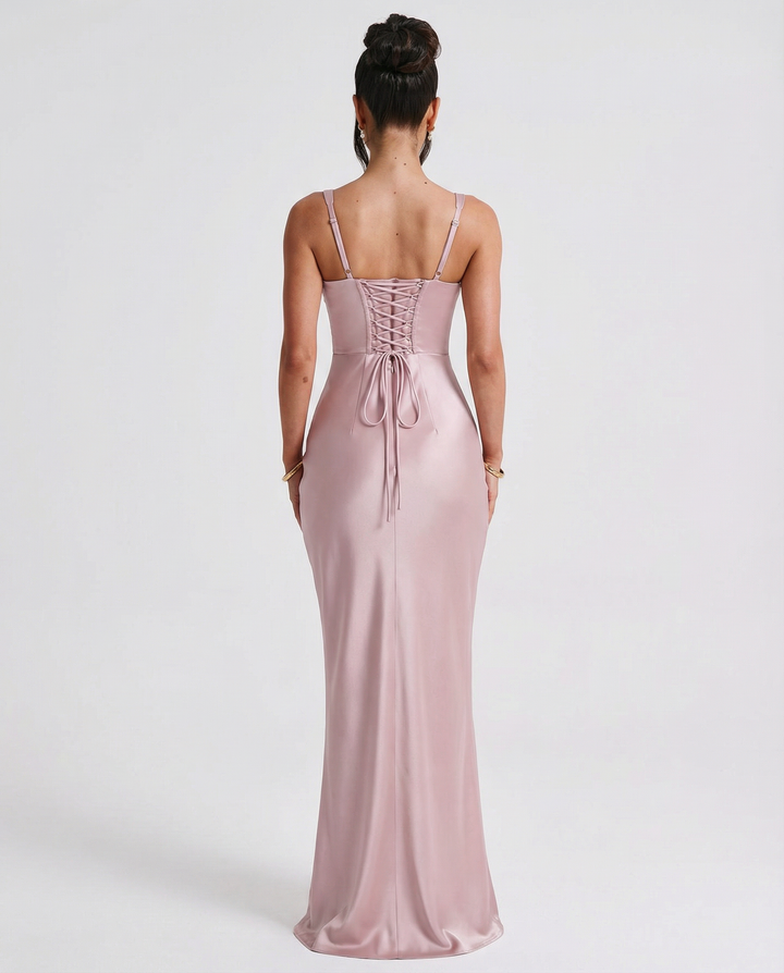 Woman wearing satin corset maxi dress