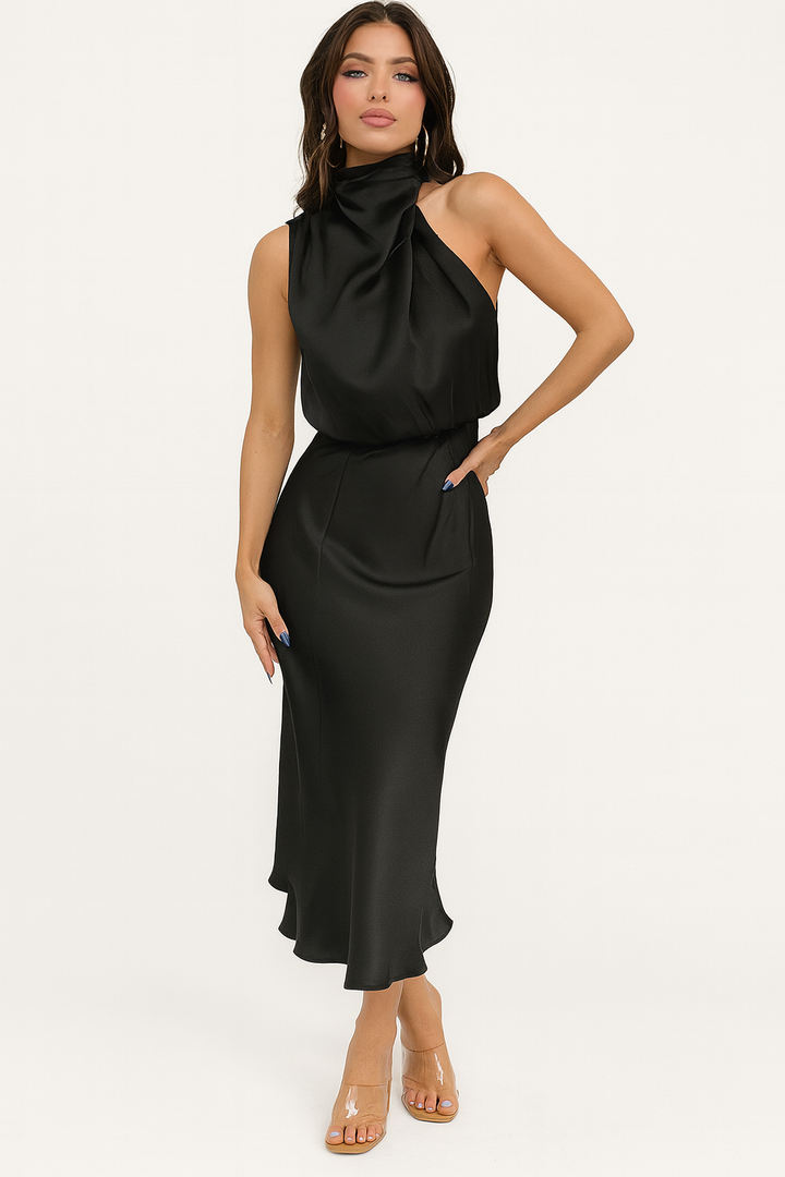 Woman wearing satin midi dress