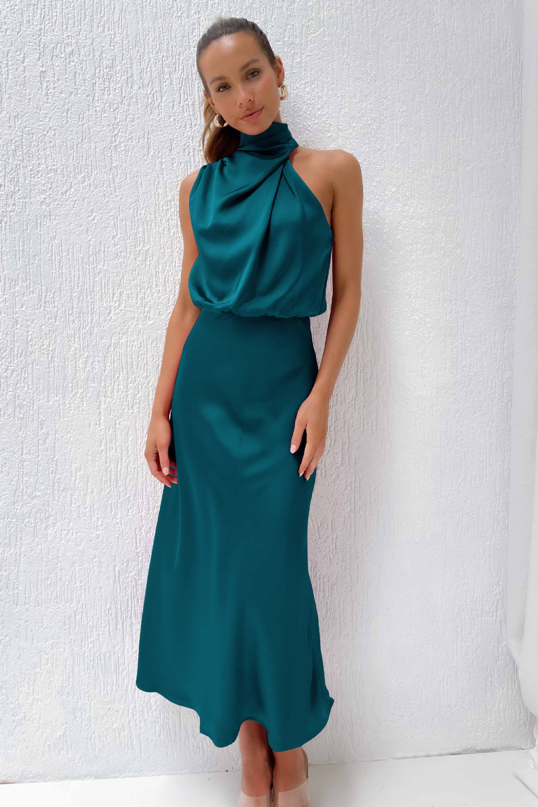 Woman wearing satin midi dress