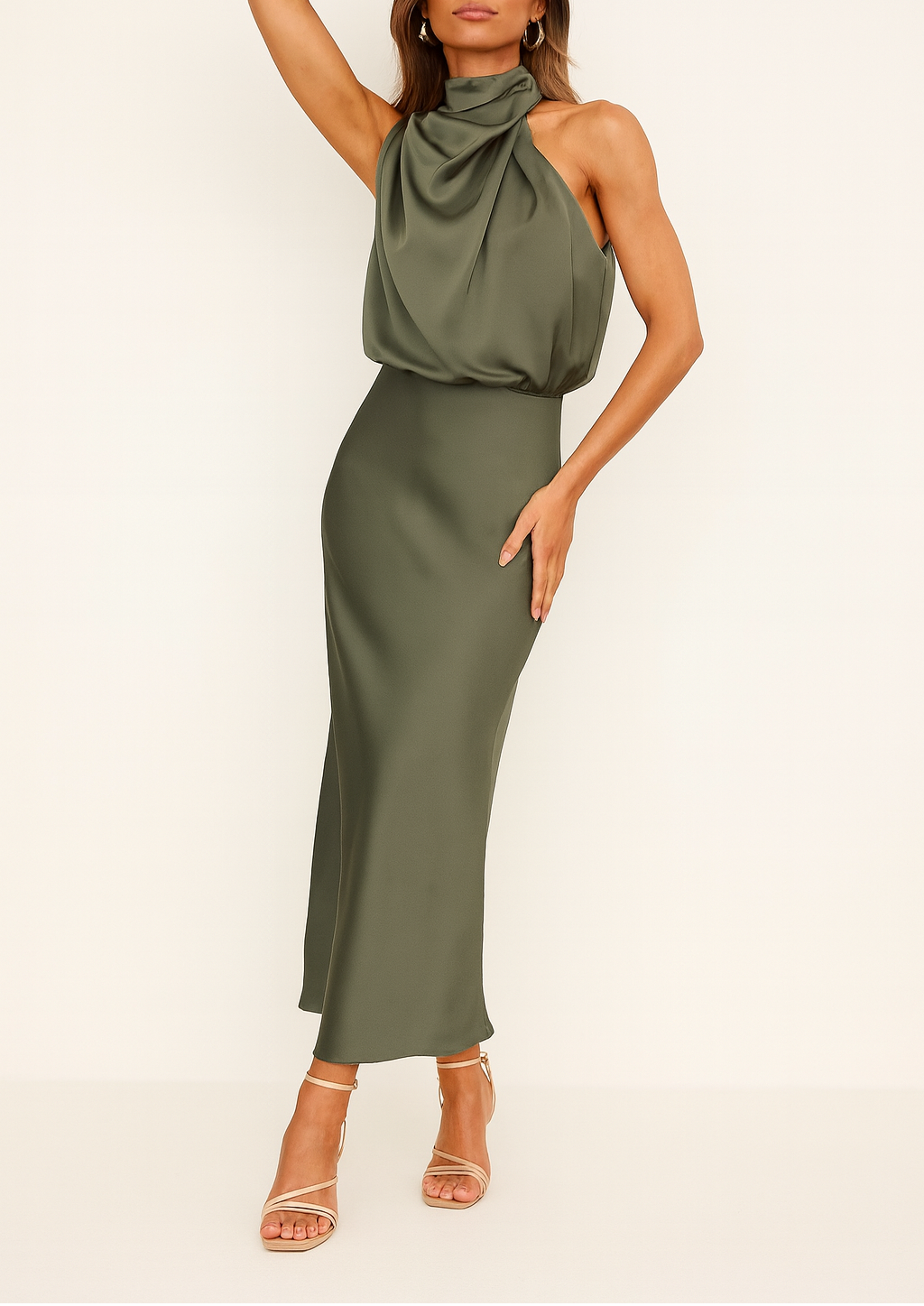Woman wearing satin midi dress