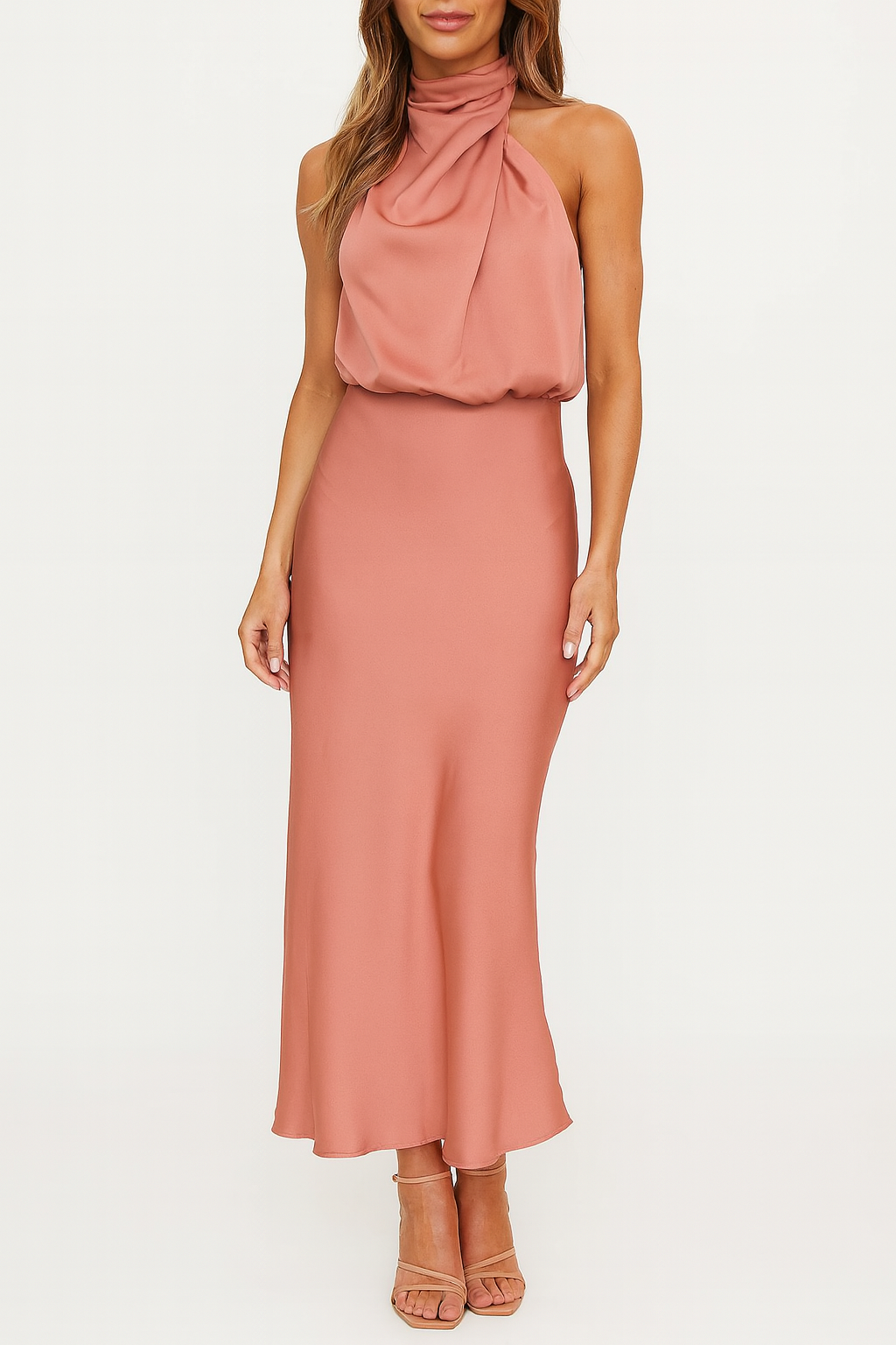 Woman wearing satin midi dress