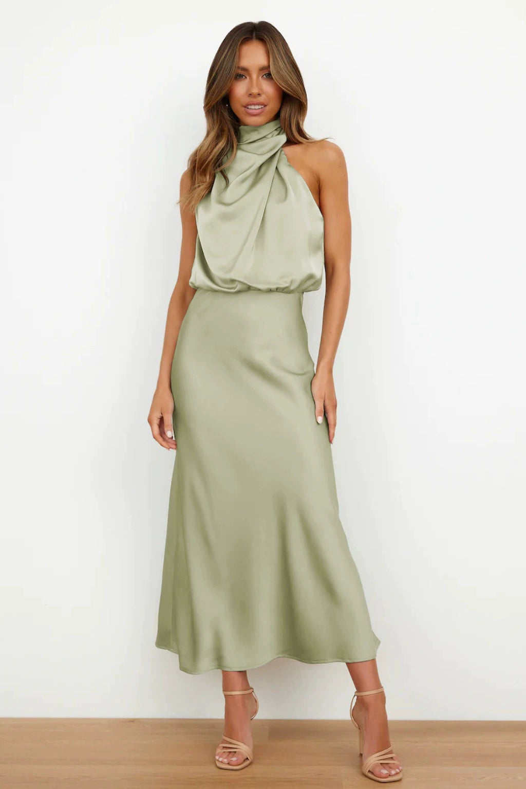 Woman wearing satin midi dress