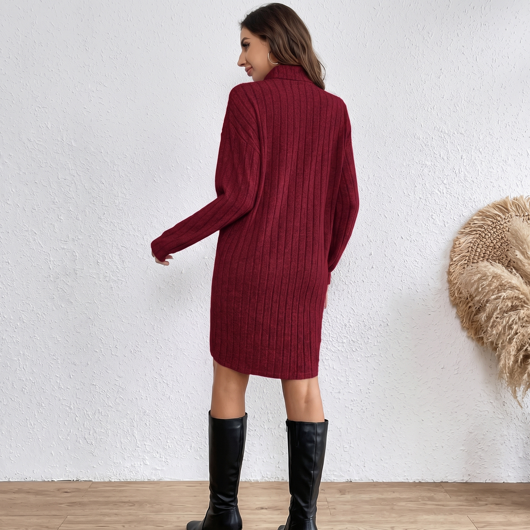 Woman wearing ribbed knit mini dress