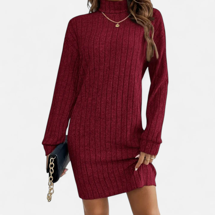 Woman wearing ribbed knit mini dress