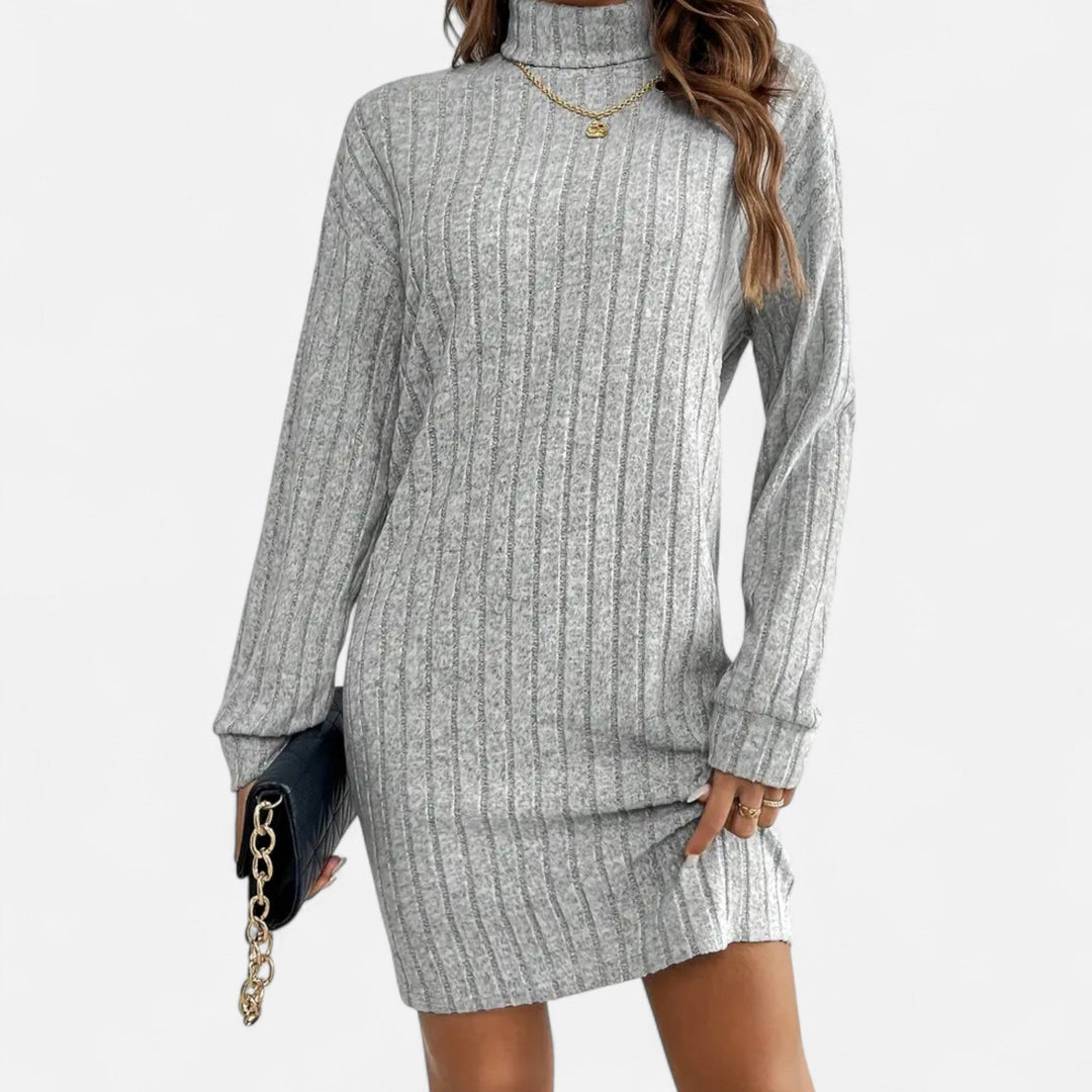 Woman wearing ribbed knit mini dress