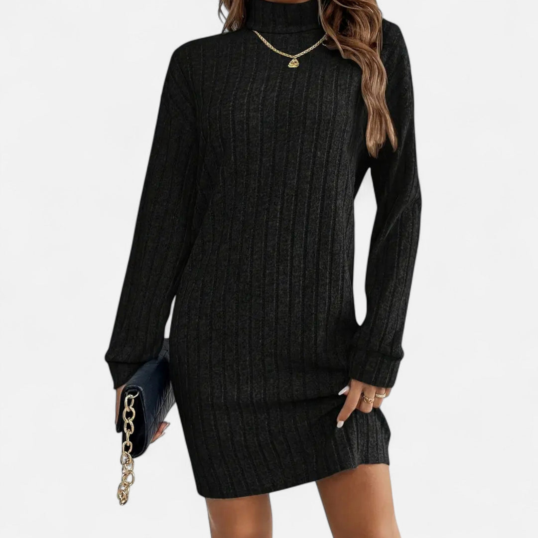 Woman wearing ribbed knit mini dress