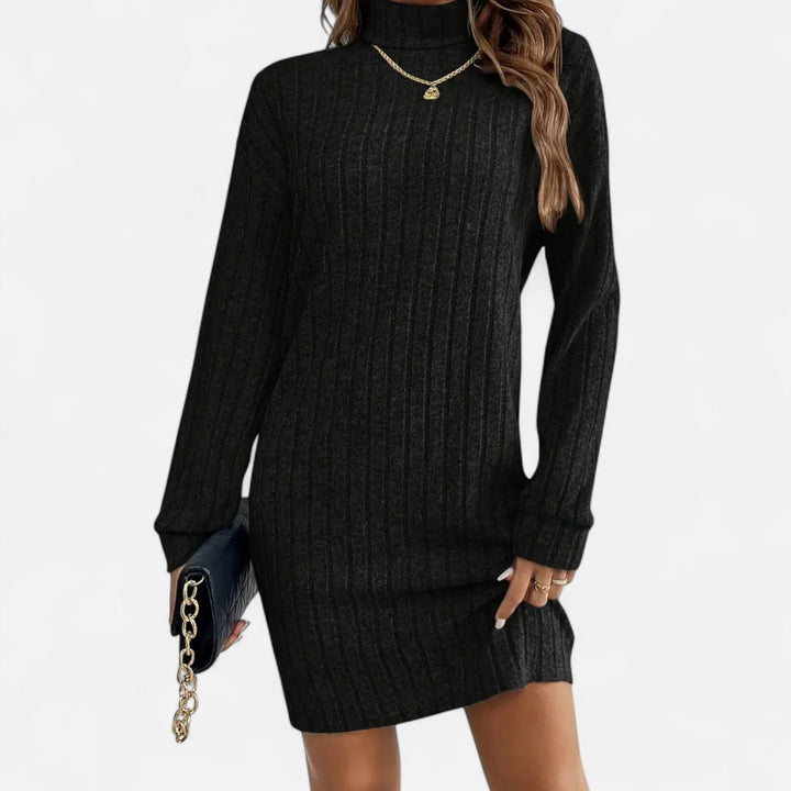 Woman wearing ribbed knit mini dress