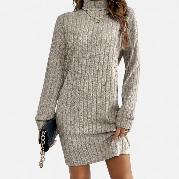 Woman wearing ribbed knit mini dress