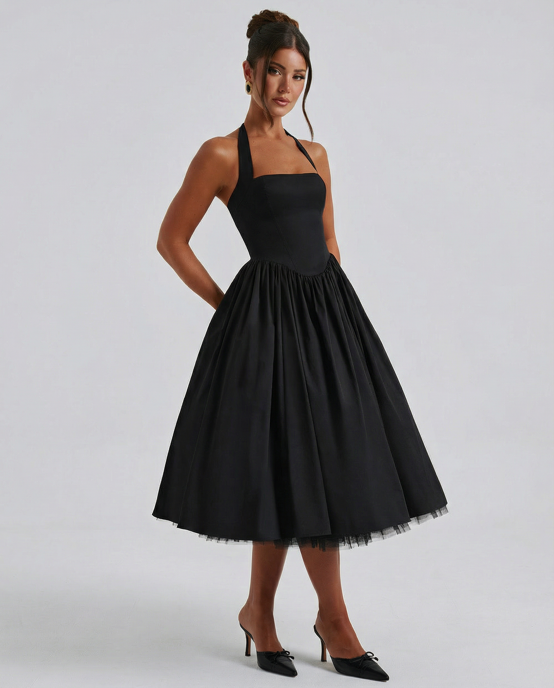 Woman wearing elegant white midi dress